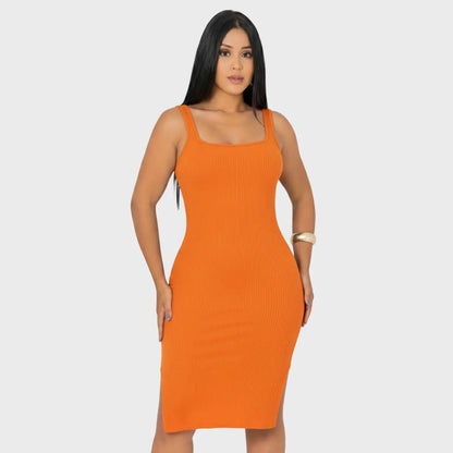 Vestido Midi Canelado Premium Com Alça E Fendas Casual Básico