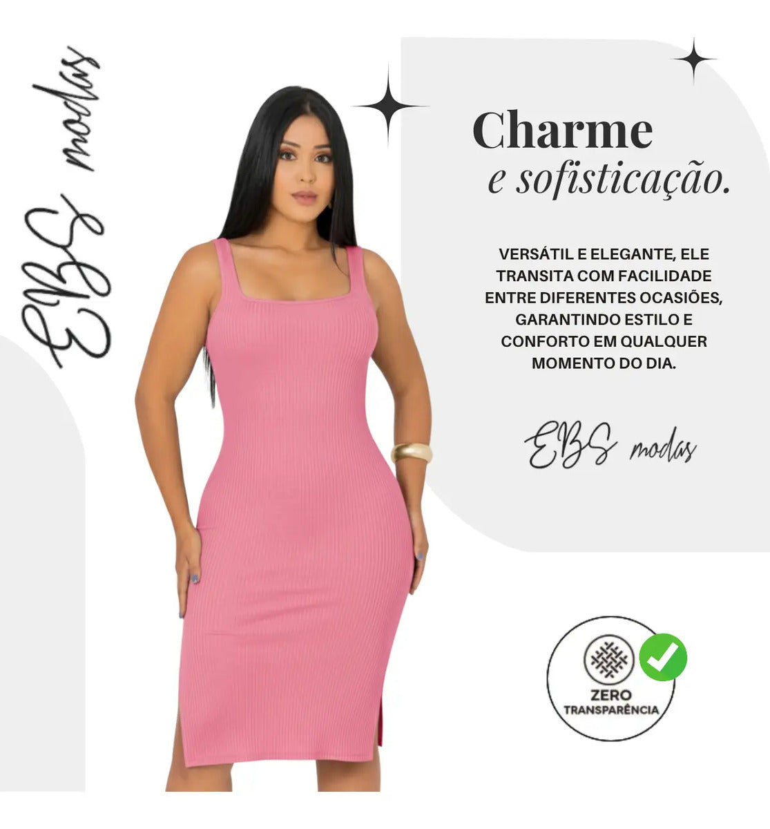 Vestido Midi Canelado Premium Com Alça E Fendas Casual Básico
