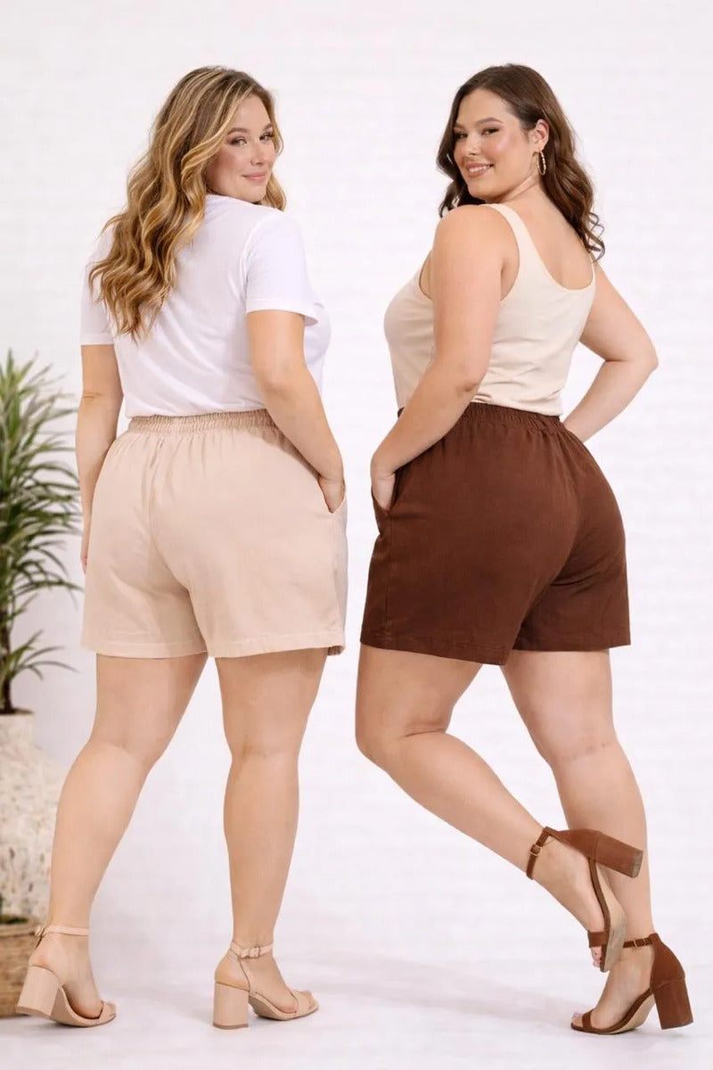 Kit 2 Shorts Feminino Alfaiataria Plus Size Elástico Linhão