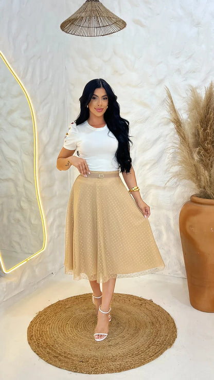 Saia Moda Evangélica Godê De Tule Mídi Com Cinto Moda Cristã