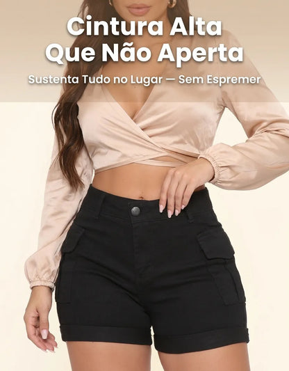 Short Jeans Feminino Shorts Cargo Com Lycra Cintura Alta