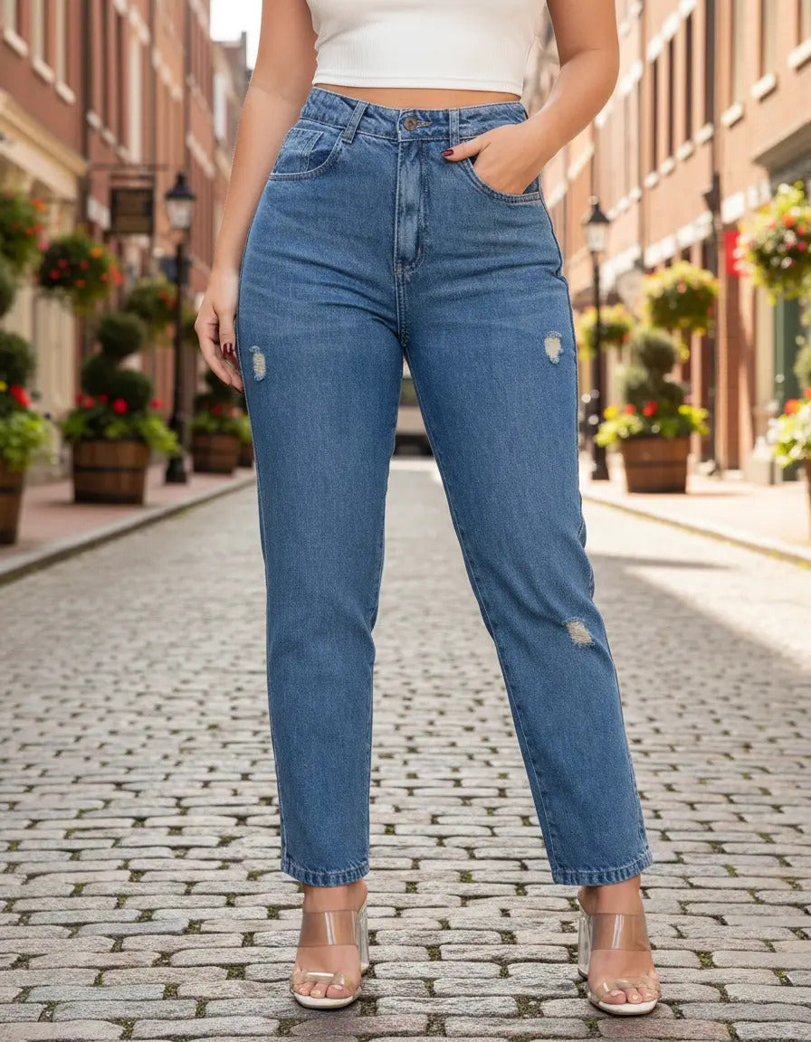 Calça Mom Jeans Feminina Cintura Alta Marmorizada
