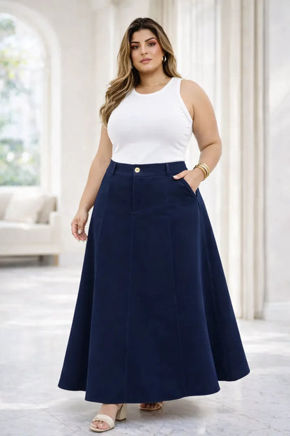 Saia Alfaiataria Plus Size Rodada Evasê Cós Alto Evangélica