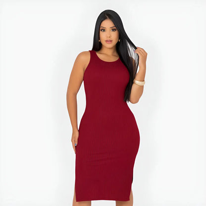 Vestido Canelado Midi Regata Com Fenda Zero Transparência