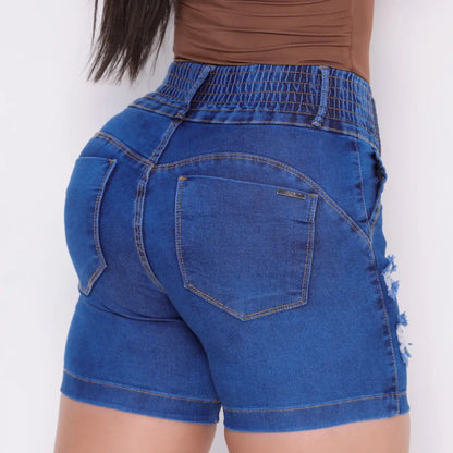 Bermuda Meia Coxa Jeans Feminina Com Lycra Cós Alto