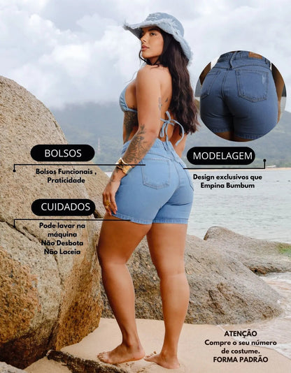 Bermuda Feminina Meia Coxa Jeans Cintura Alta Empina Bumbum