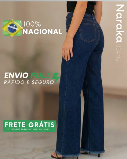 Calça Wide Leg Jeans Feminina Cintura Alta Levanta Bumbum