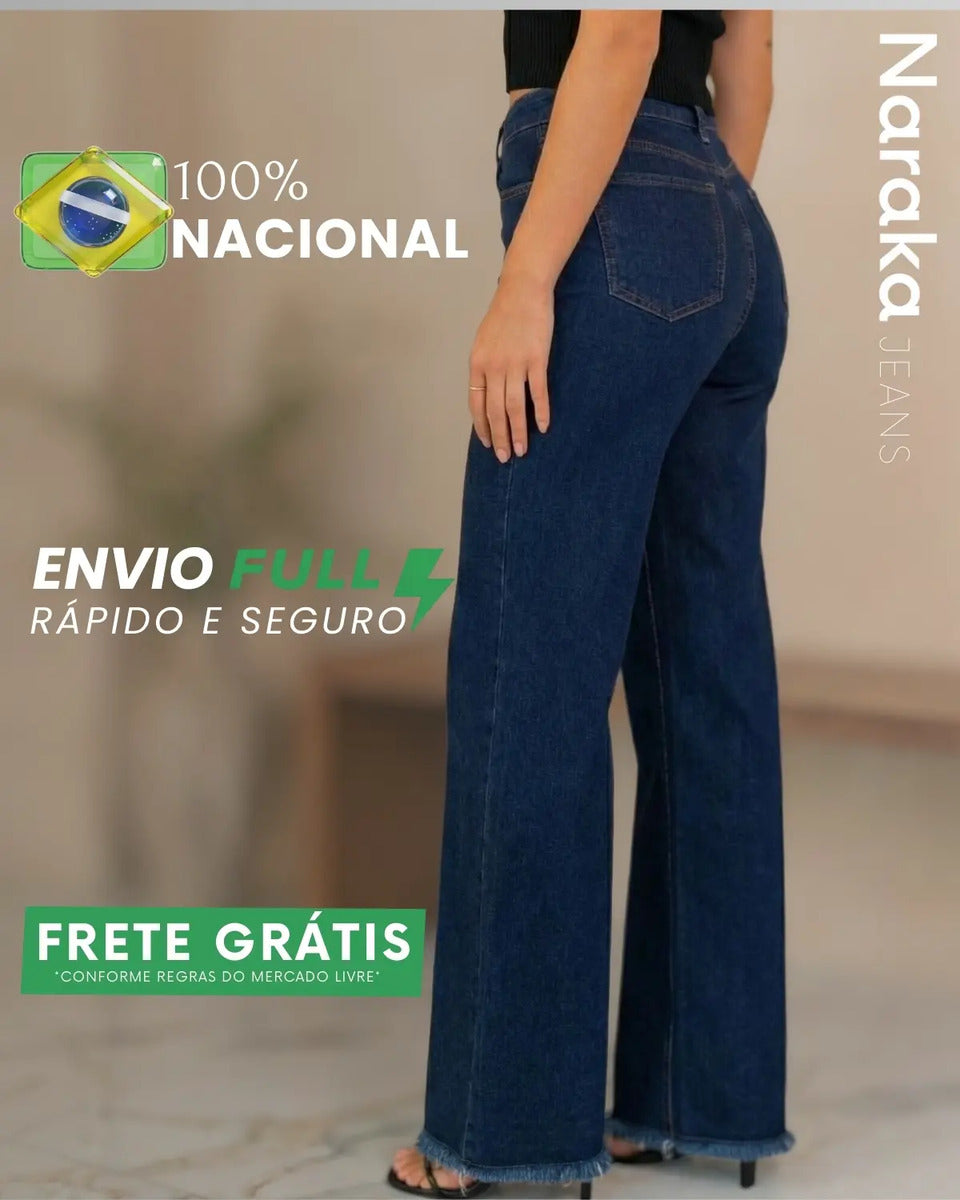 Calça Wide Leg Jeans Feminina Cintura Alta Levanta Bumbum