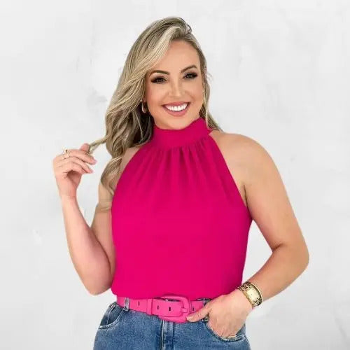 Blusa Feminina Regata Gola Alta Plissada Elegante