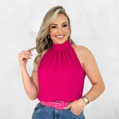 Blusa Feminina Regata Gola Alta Plissada Elegante