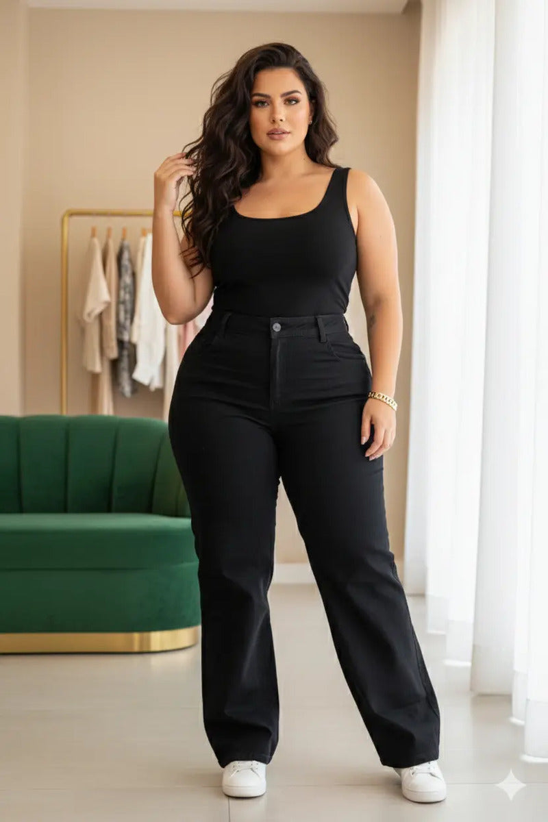 Calça Plus Size Jeans Feminina Wide Leg Levanta Bumbum