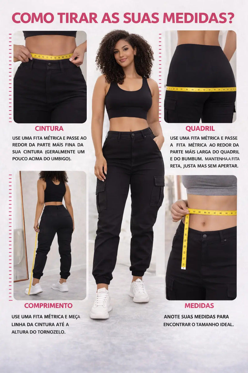 Calça Cargo Jogger Jeans Feminina Cintura Alta Com Lycra