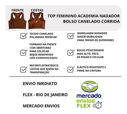 Top Feminino Academia Bolso Nadador Corrida Fitness Esporte