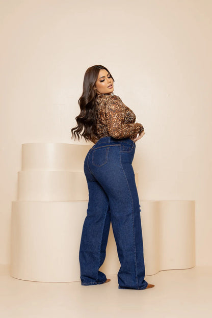 Calça Plus Size Jeans Feminina Wide Leg Levanta Bumbum