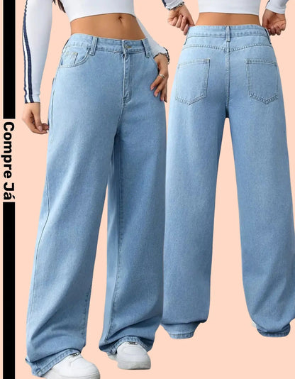 Calça Wide Leg Jeans Feminina Reta Perna Larga Empina Bumbum