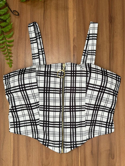 Cropped Zipper Corset Xadrez Balada Country Luxo Premium