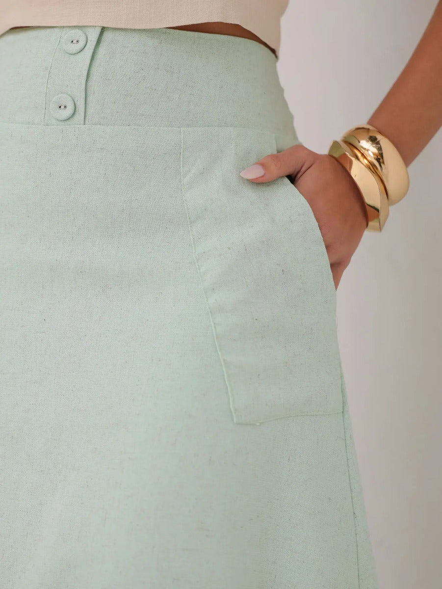 Saia Midi De Linho Elegante Com Botões Encapados