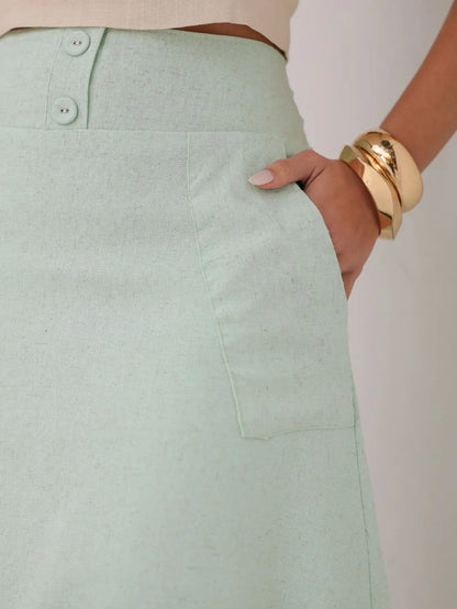 Saia Midi De Linho Elegante Com Botões Encapados