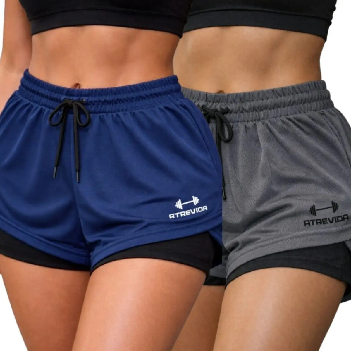 Conjunto 2 Shorts Feminino Compressão Corrida Bolso Oculto