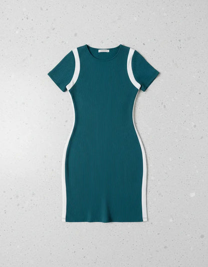 Vestido Canelado Curto Com Manga Casual Básico Modelador