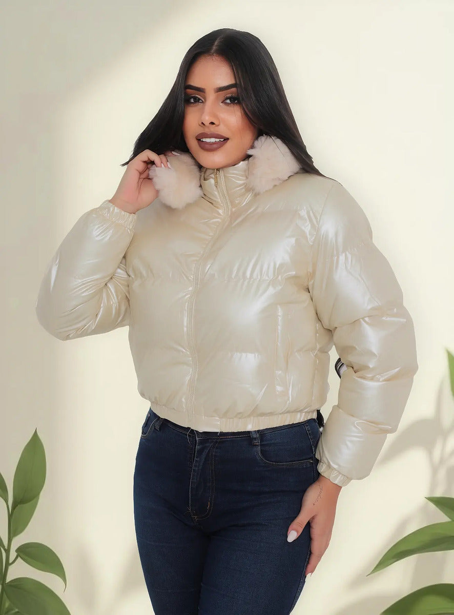Jaqueta Feminina De Inverno Cropped Dupla Face Com Capuz
