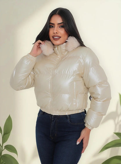 Jaqueta Feminina De Inverno Cropped Dupla Face Com Capuz