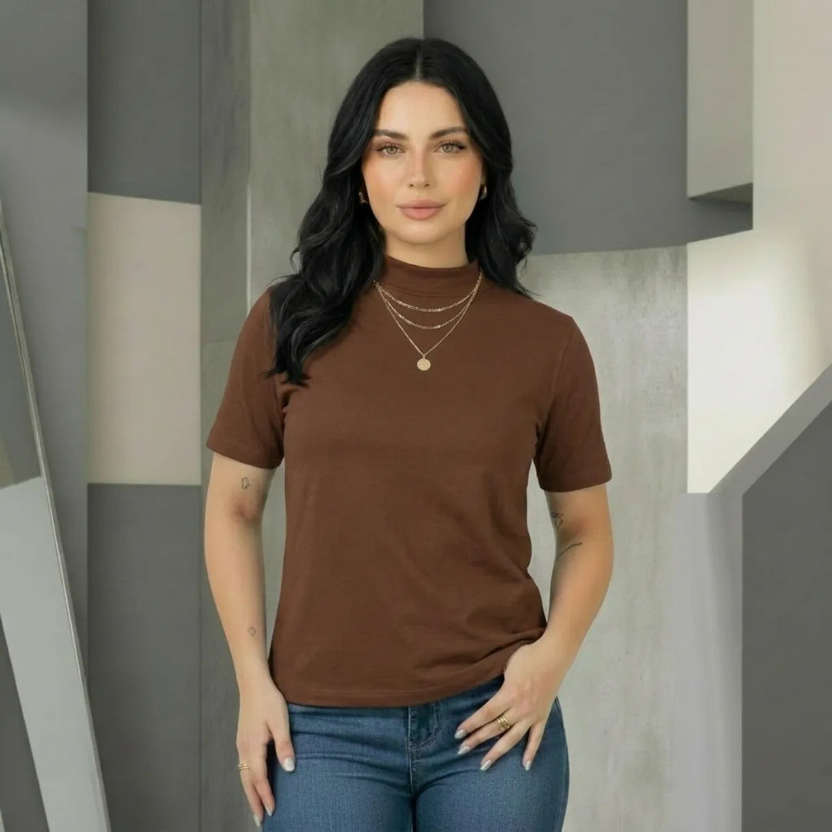 Kit 2 Blusas Camiseta Feminina T Shirt Gola Alta Inverno