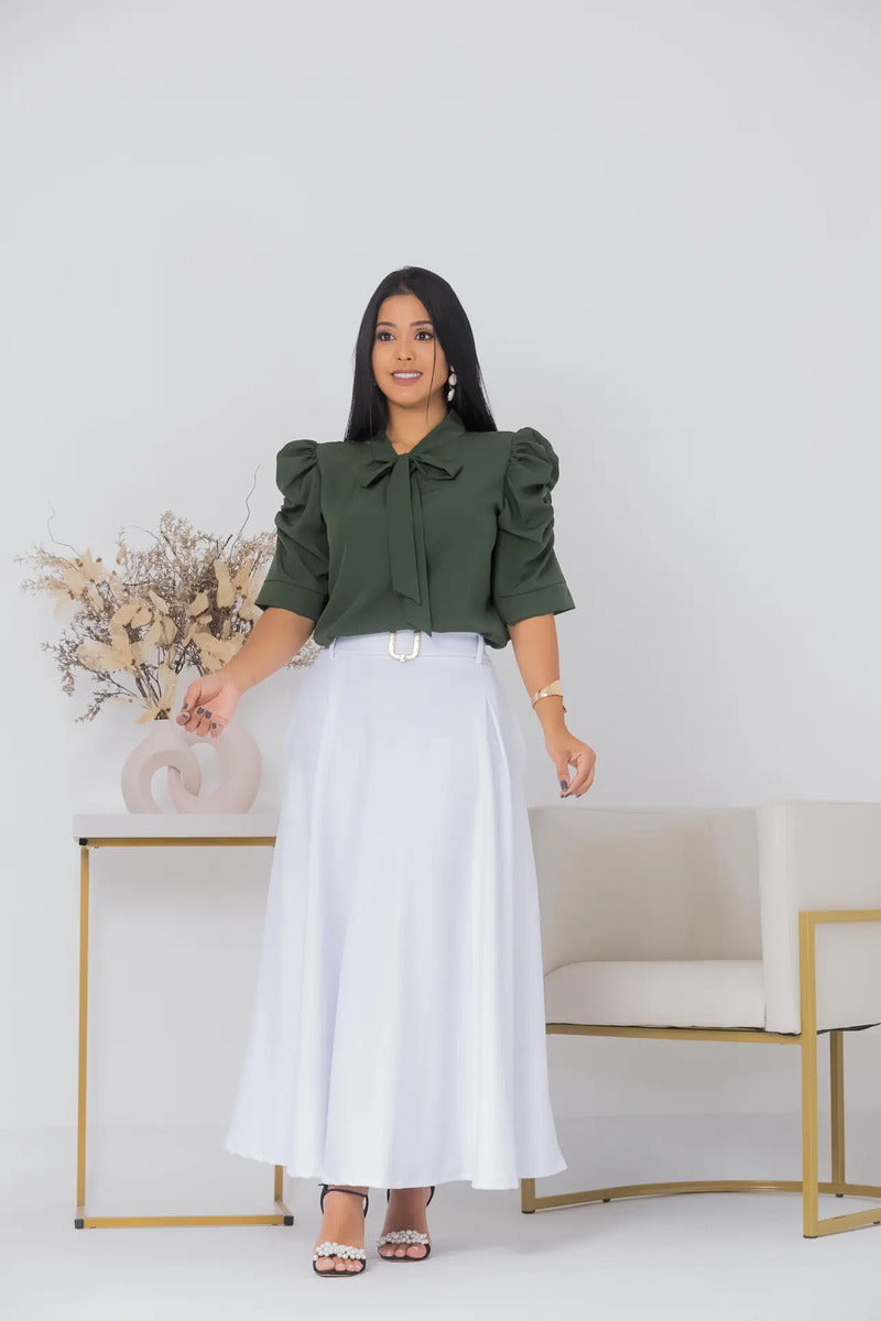 Blusa Feminina Gizele Gola Laço Crepre Seda Manga Franzida