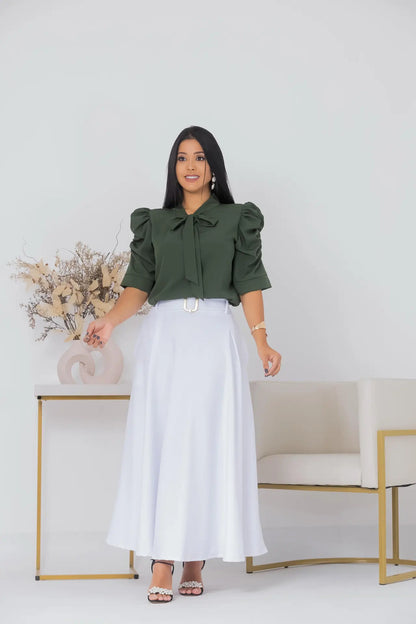 Blusa Feminina Gizele Gola Laço Crepre Seda Manga Franzida