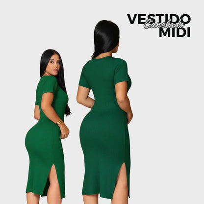 Vestido Canelado Midi Com Manga e Fenda Lateral Casual Básico