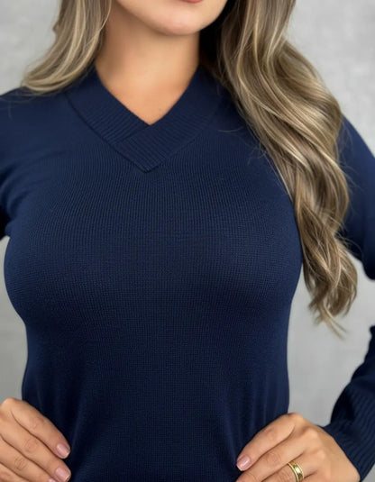 Blusa Trico Basica De Frio Feminina Decote V Manga Longa