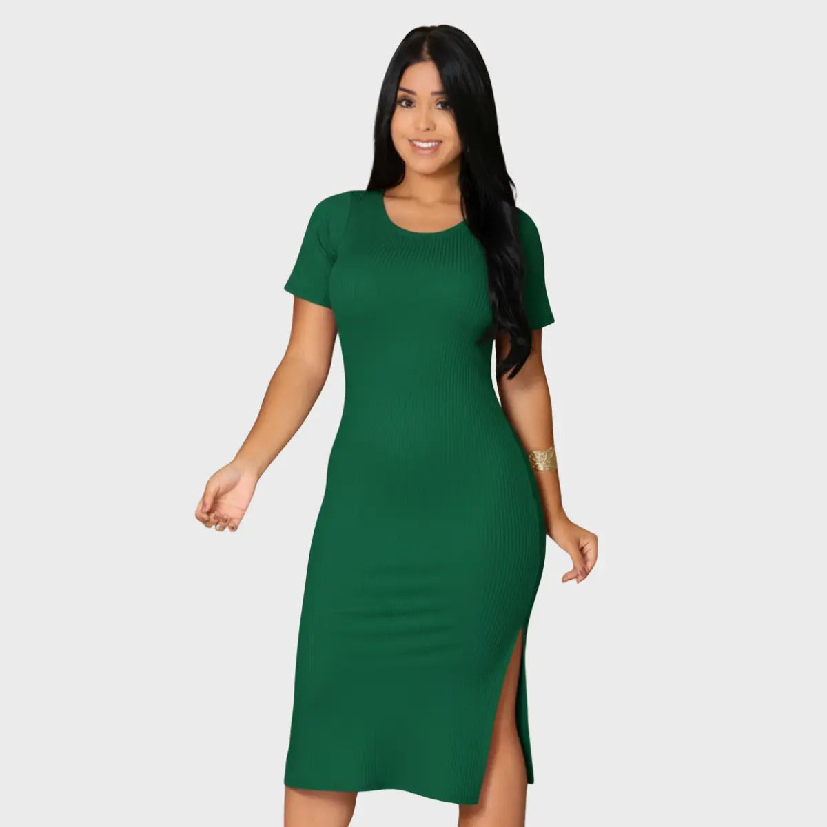 Vestido Canelado Midi Com Manga e Fenda Lateral Casual Básico