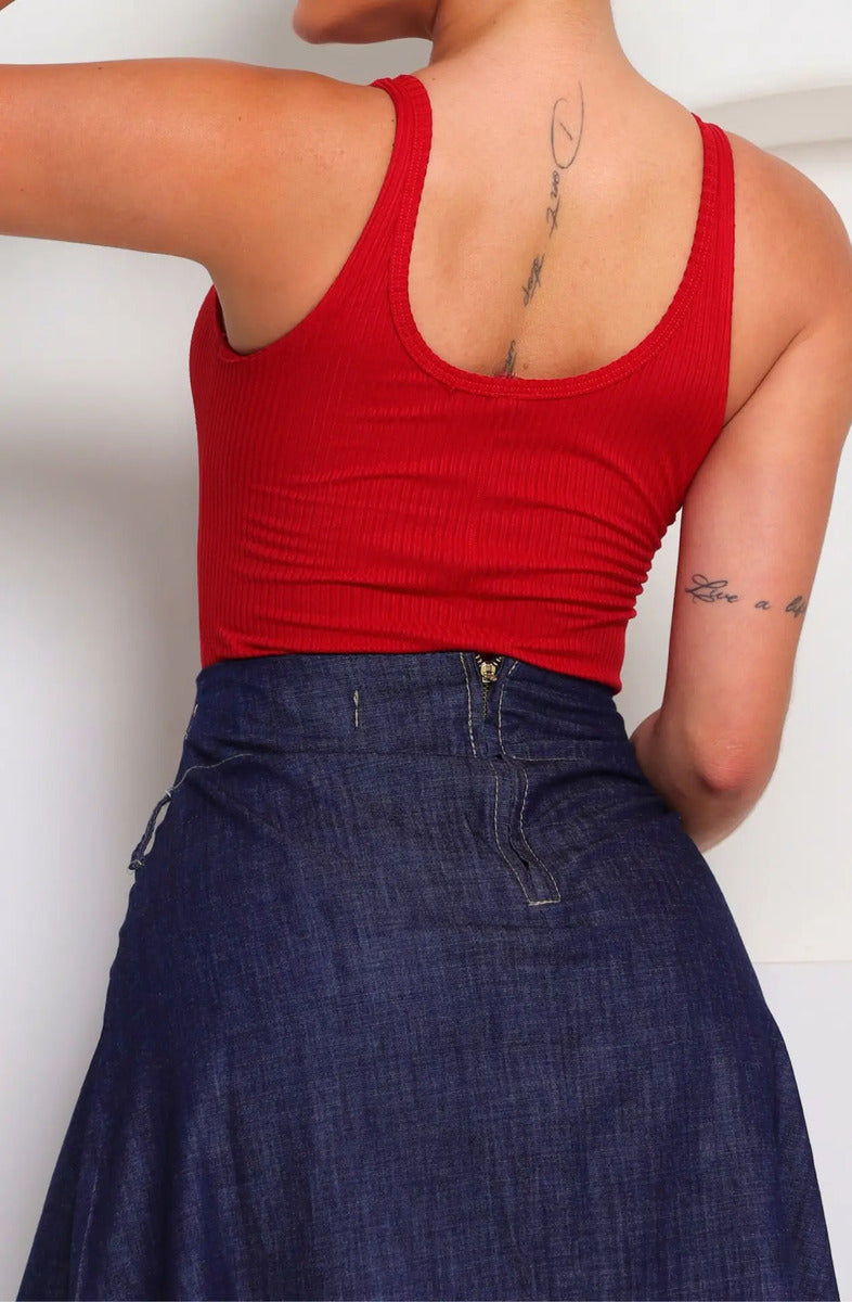 Saia Evasê Longa Midi Evangélica Cintura Alta Jeans E Linho