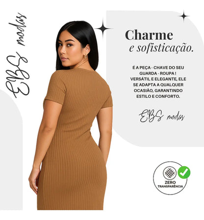 Vestido Canelado Midi Com Manga e Fenda Lateral Casual Básico