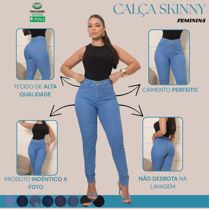 Calça Preta Jeans Feminina Com Elastano Cintura Alta Skinny