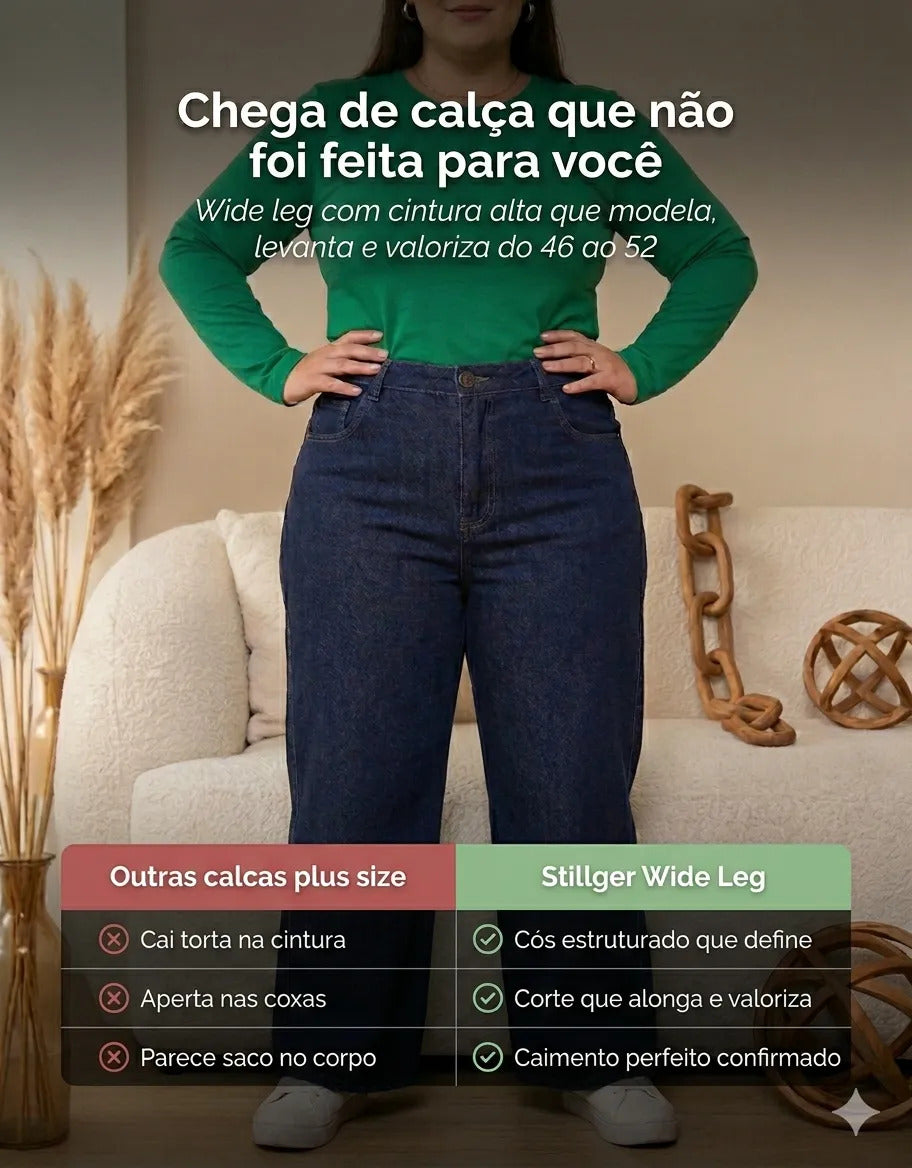 Calça Plus Size Jeans Feminina Wide Leg Levanta Bumbum