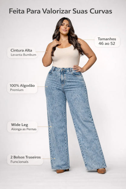 Calça Plus Size Jeans Feminina Wide Leg Levanta Bumbum
