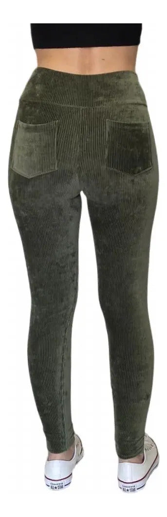 Calça Legging Veludo Cotelê Com Bolso Cós Alto Inverno