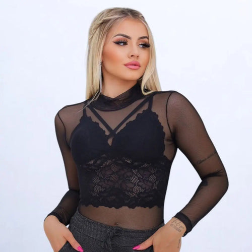 Kit Body Tule Manga Longa + Cropped Renda C/ Bojo Aproveite