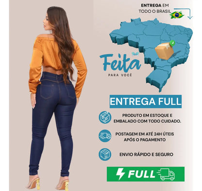 Calça Preta Jeans Feminina Com Elastano Cintura Alta Skinny