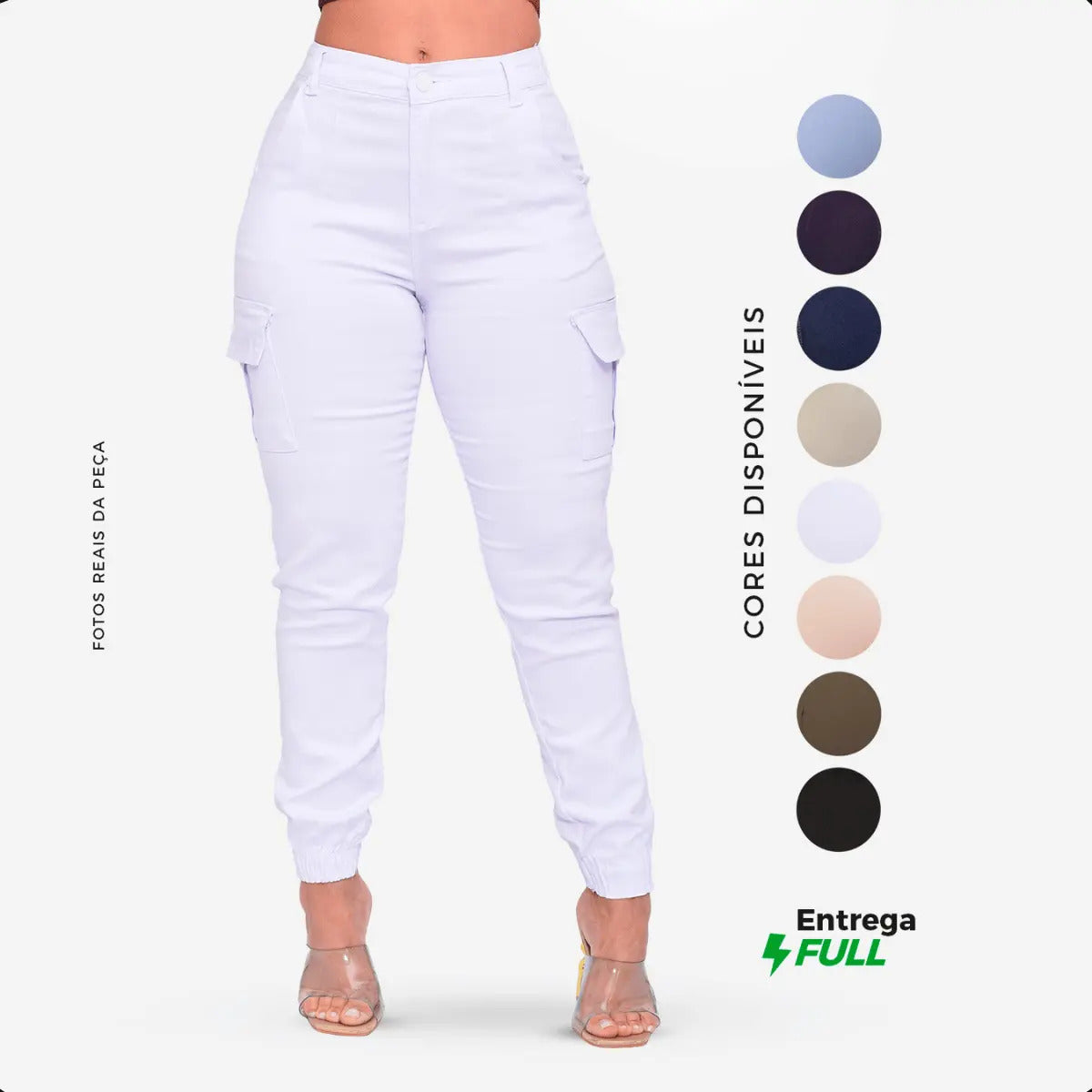 Calça Cargo Jogger Jeans Feminina Cintura Alta Com Lycra