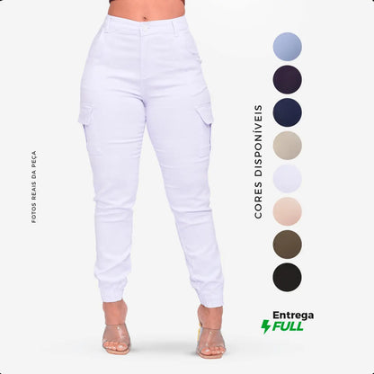 Calça Cargo Jogger Jeans Feminina Cintura Alta Com Lycra