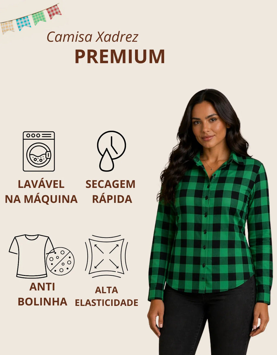 Camisa Xadrez Longa Blusa Manga Festa Junina Social De Botão