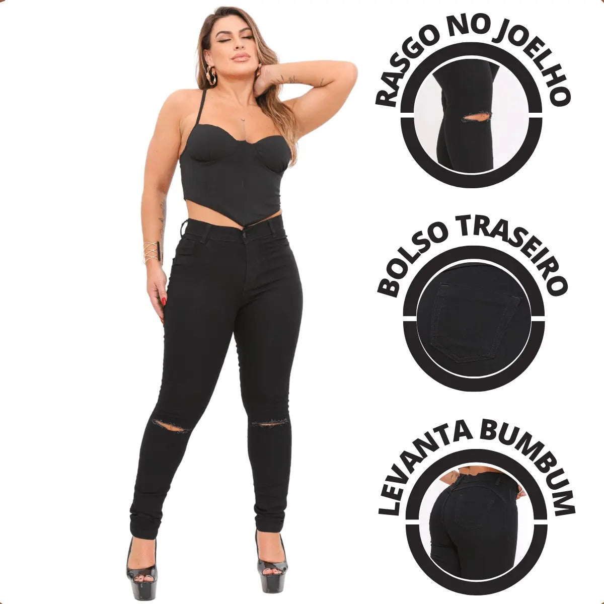 Calça Preta Jeans Feminina Com Elastano Cintura Alta Skinny