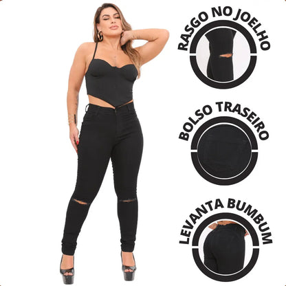 Calça Preta Jeans Feminina Com Elastano Cintura Alta Skinny