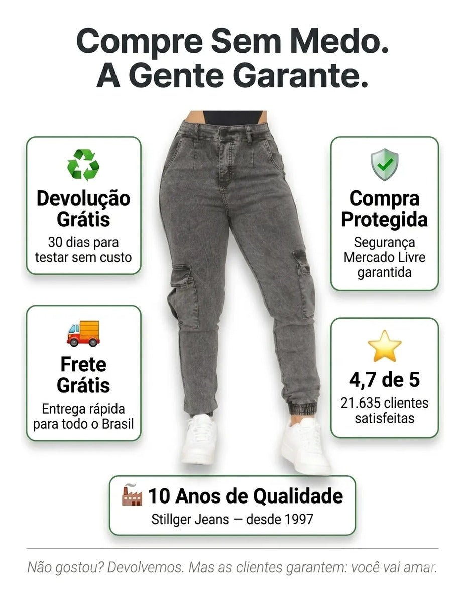 Calça Cargo Jogger Jeans Feminina Cintura Alta Com Lycra