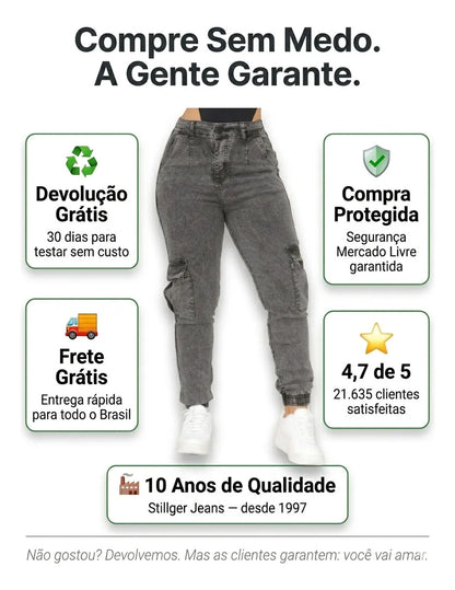 Calça Cargo Jogger Jeans Feminina Cintura Alta Com Lycra