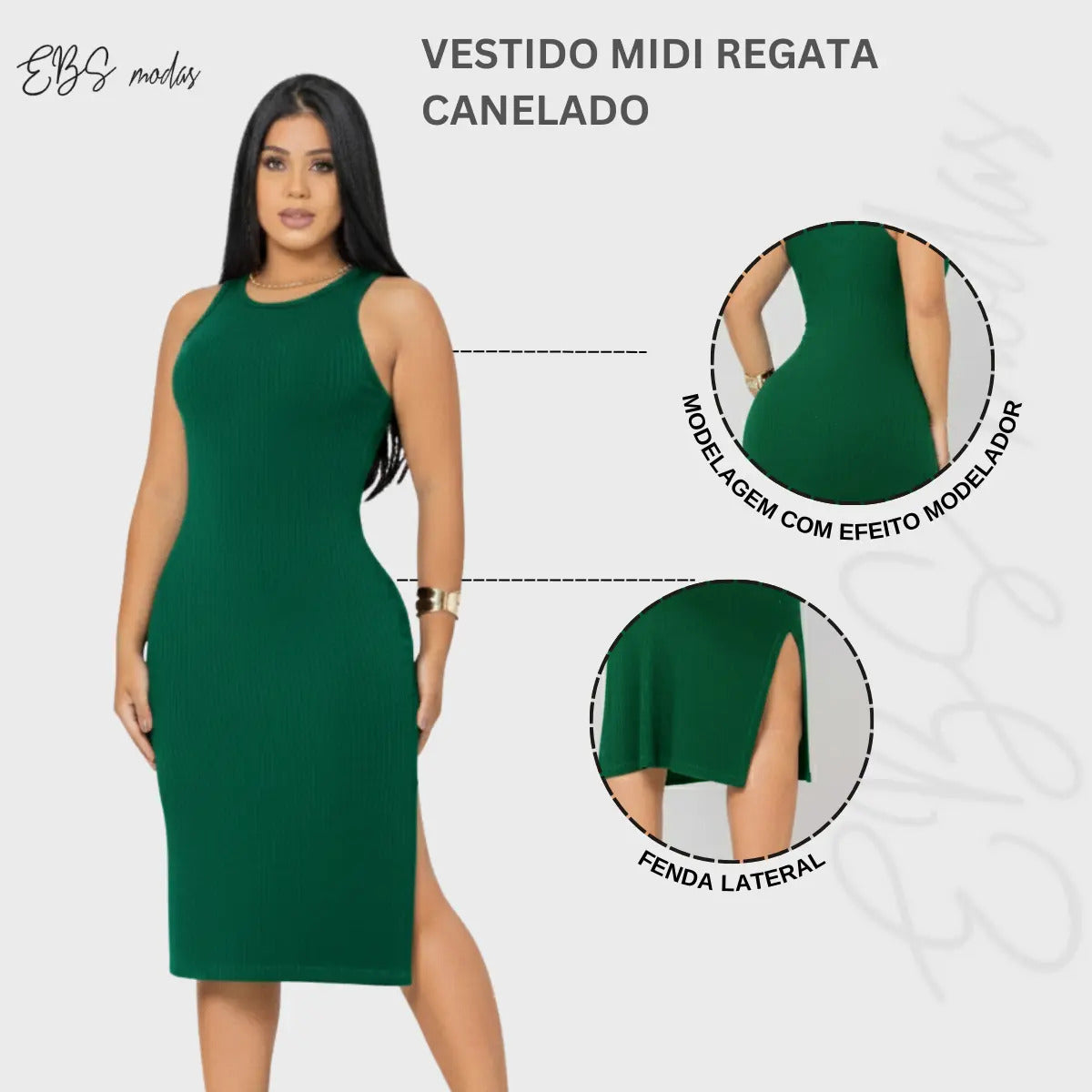 Vestido Canelado Midi Regata Com Fenda Zero Transparência