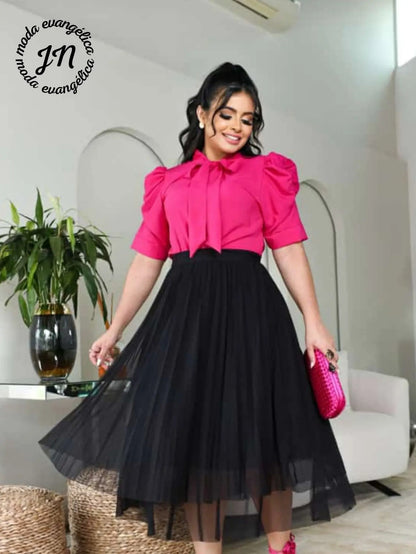 Blusa Feminina Gizele Gola Laço Crepre Seda Manga Franzida