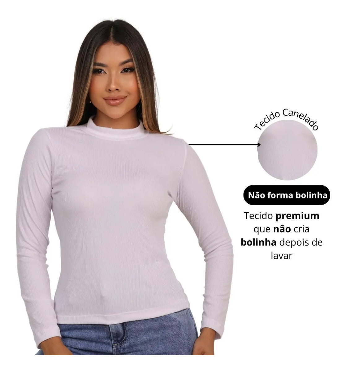 Blusa Feminina Canelada Gola Alta Manga Comprida Cacharrel